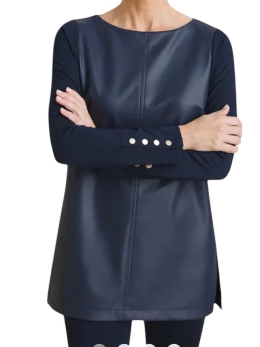 Chico's Faux Leather Front Long Sleeve Navy Blue Tunic Top